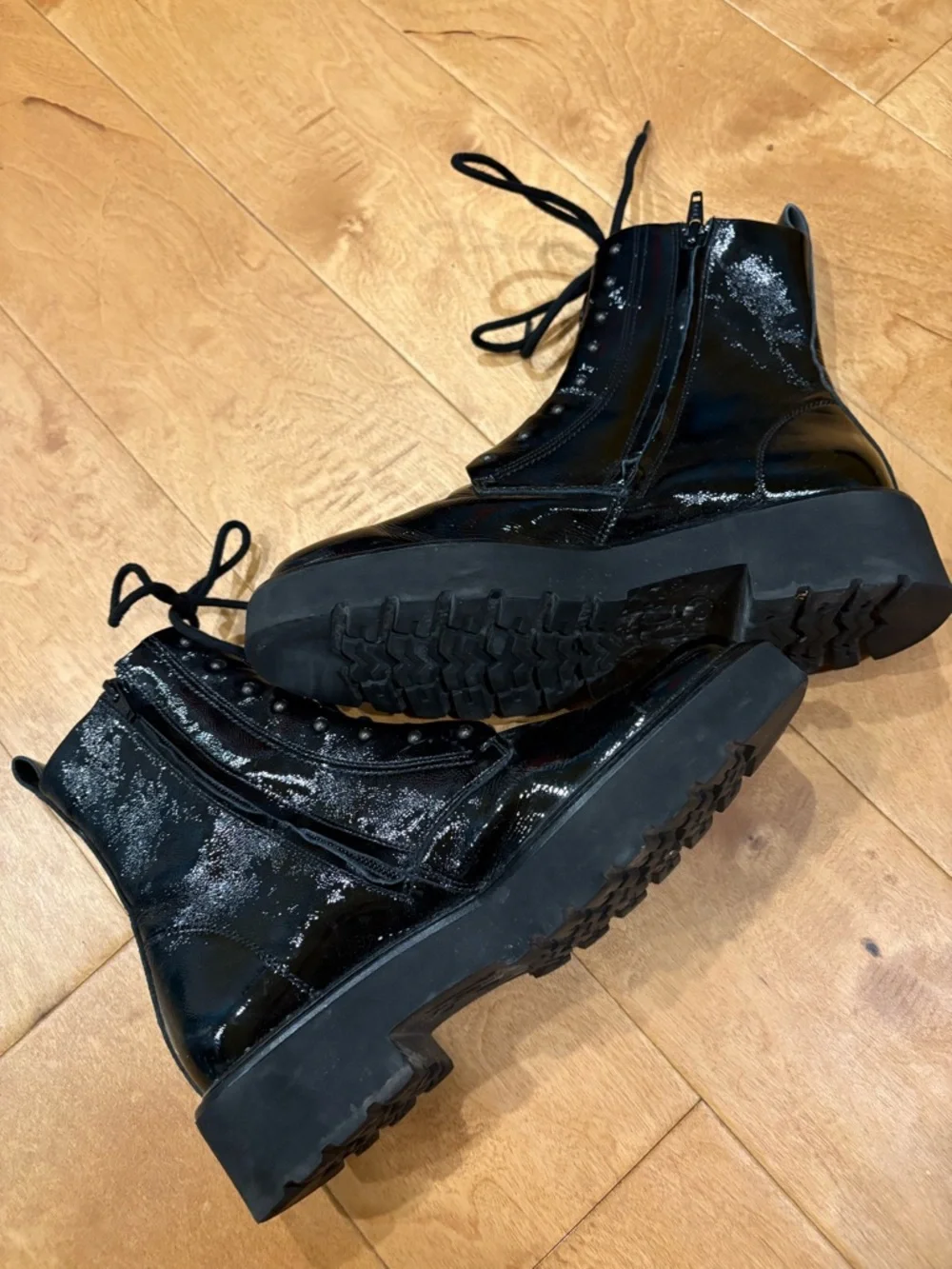 Paul Green black crinkled patent leather combat  boots sz 7.5 (UK5)
